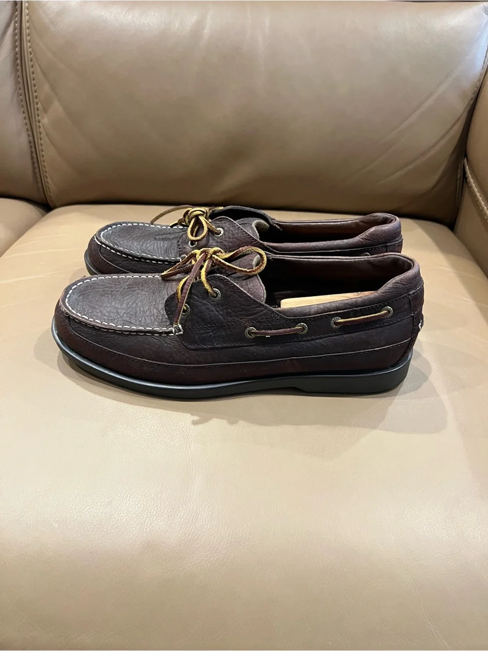 L.L. Bean Men's Dark Brown Leather Boat Shoes with Yellow Trim